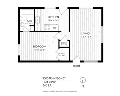 Floor plan for 1 bed, 1 bath, 545 sqft
